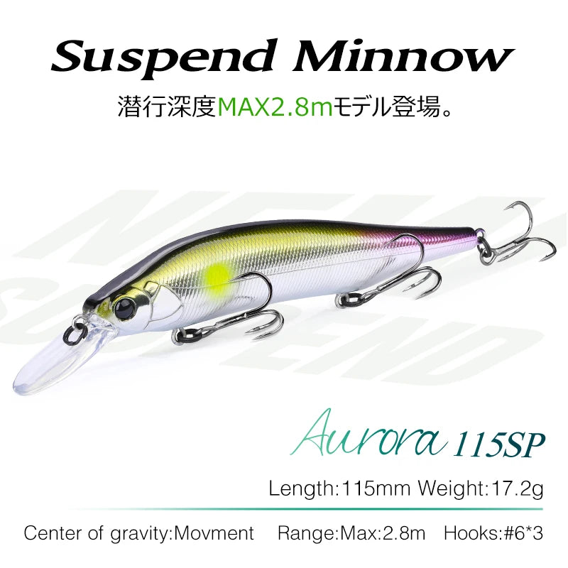 TSURINOYA 115mm 17.2g Suspending Minnow Tungsten Weight System AURORA 115sp