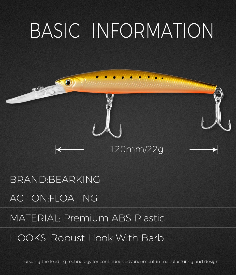 BEARKING Top Hard Baits Fishing Lures 120mm 22g  long  casting minnow Wobblers dive Depth 6-10ft Bass Pike