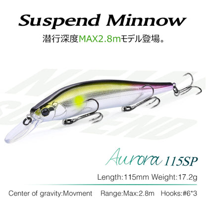 TSURINOYA 115mm 17.2g Suspending Minnow  Tungsten Weight System AURORA 115sp