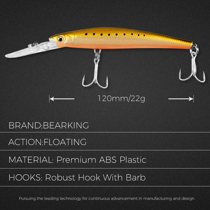BEARKING Top Hard Baits Fishing Lures 120mm 22g  long  casting minnow Wobblers dive Depth 6-10ft Bass Pike