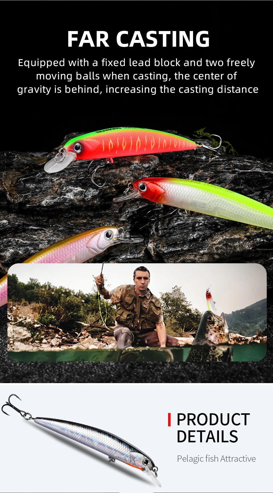 BEARKING New model 73mm 5g professional quality magent weight fishing lures minnow crank Artificial Bait Tackle