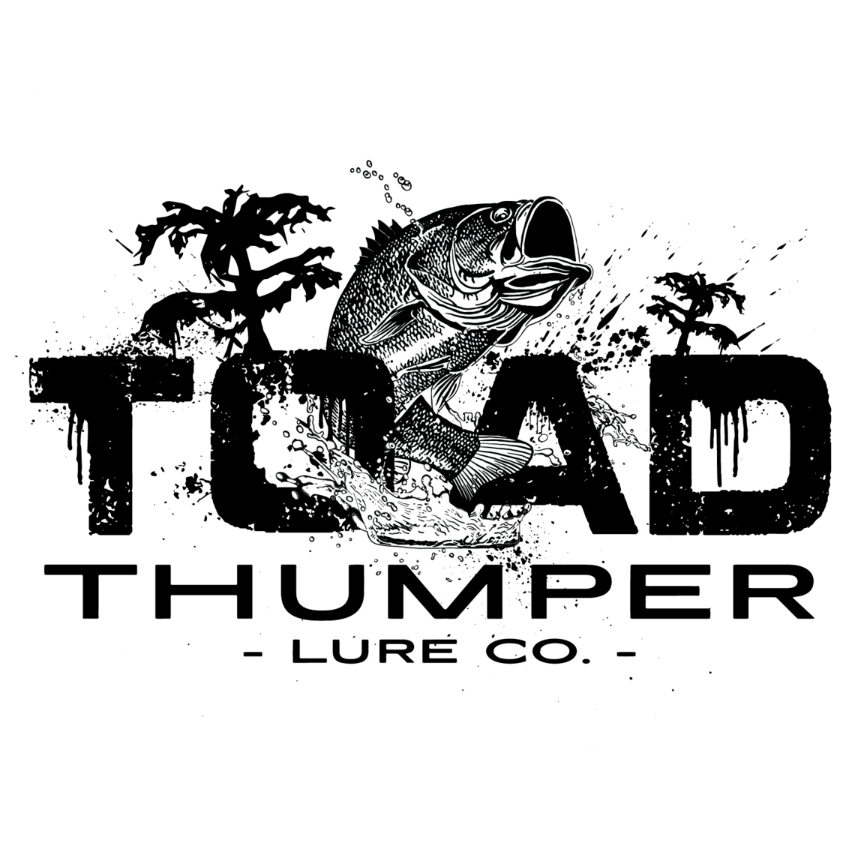 Logo of TOAD THUMPER LURE CO. featuring a fish and trees on a white background
